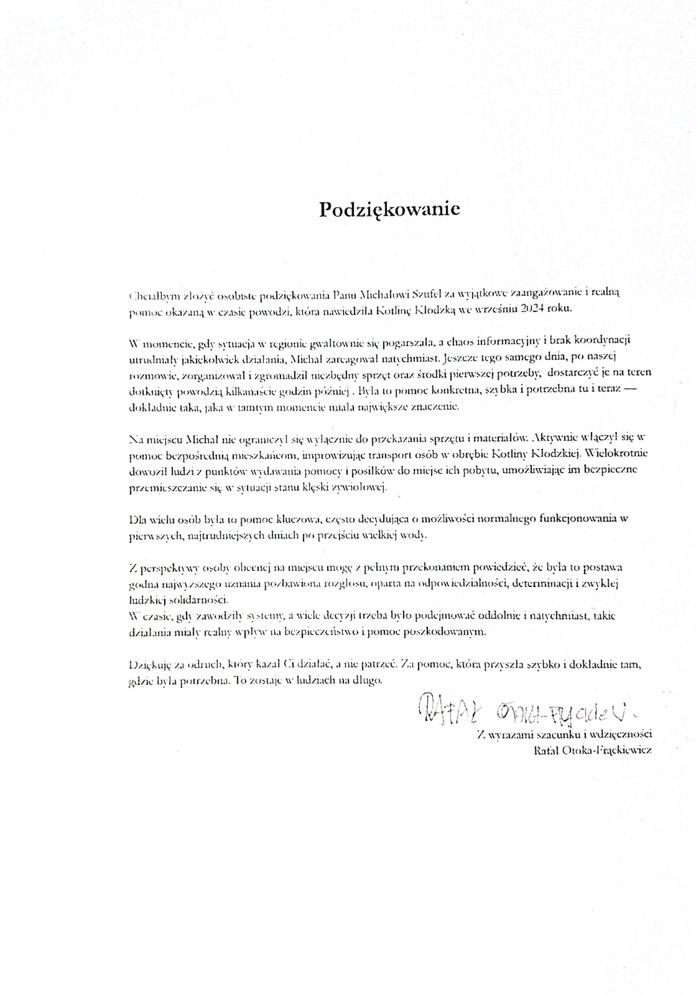 Podziękowanie dla Michała Szufel od Rafała Otoka-Frąckiewicza za pomoc podczas powodzi w Kotlinie Kłodzkiej 2024