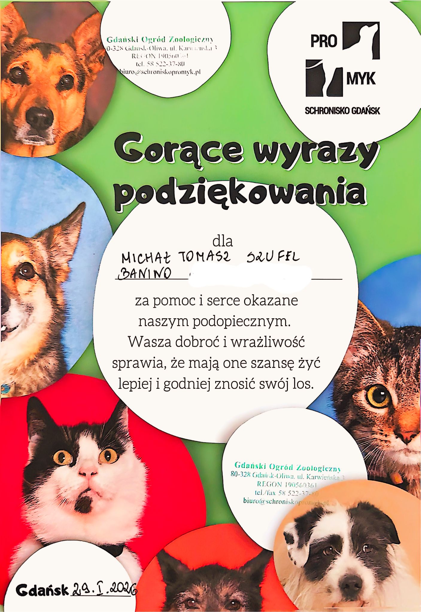 Drugie podziękowanie dla Michała Szufel od Schroniska ProMyk Gdańsk za wsparcie zwierząt
