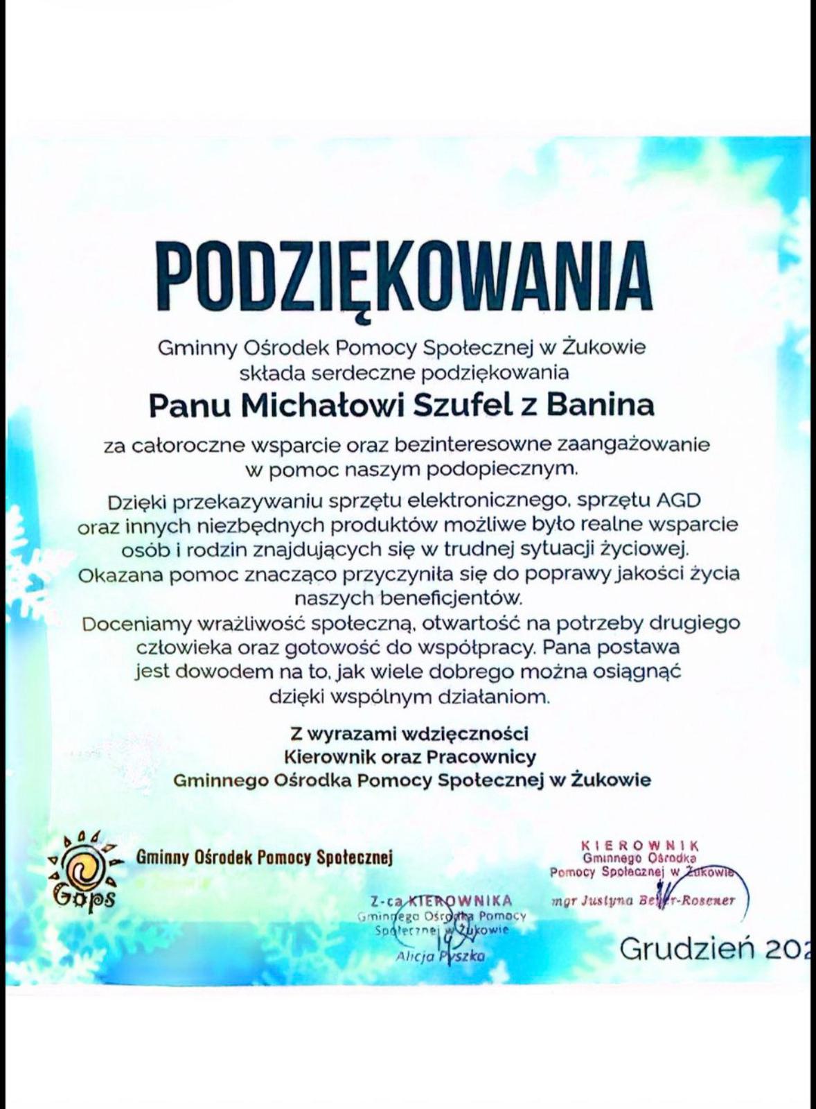 Podziękowanie dla Michała Szufel od Gminnego Ośrodka Pomocy Społecznej w Żukowie za całoroczne wsparcie podopiecznych
